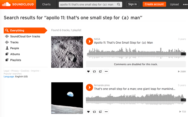 Pesquise os arquivos de mídia da NASA no SoundCloud para encontrar e baixar o áudio de momentos históricos icônicos, como a primeira caminhada na lua.