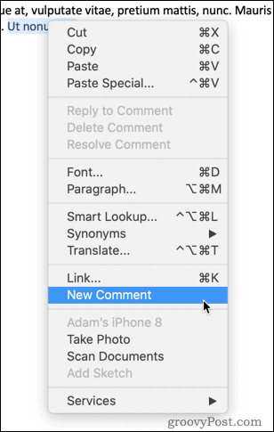 Clique com o botão direito do mouse para inserir um comentário no Word
