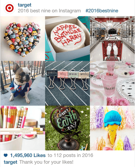 Aqui está um exemplo dos nove principais posts da Target no Instagram em 2016.