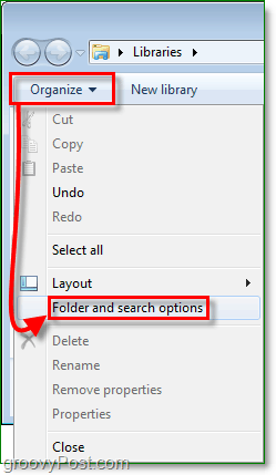 no Windows 7 para acessar a janela de opções da pasta, clique em organizar e, em seguida, clique em opções de pasta e pesquisa