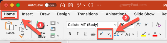 Ícones para alterar o texto para subscrito ou sobrescrito no PowerPoint no Mac