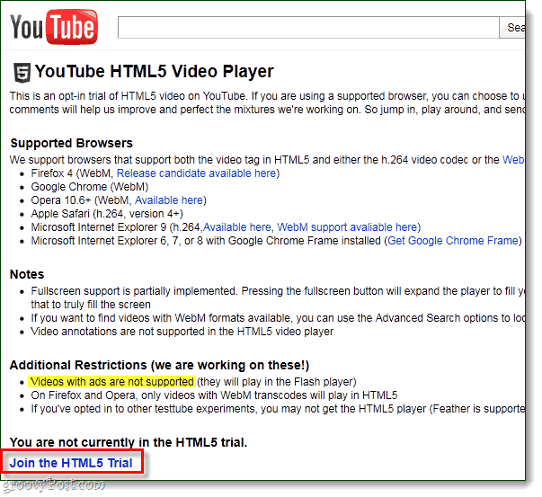 Ativação HTML5 do YouTube