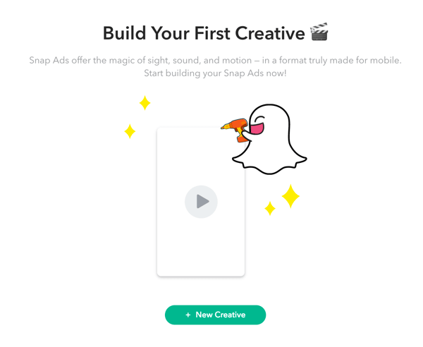 Clique em + Novo criativo para configurar seu anúncio Snapchat.