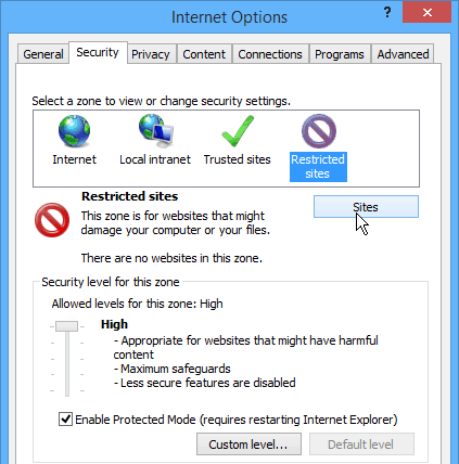 Sites restritos do Internet Explorer