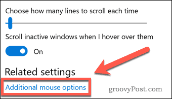 Link de opções adicionais de mouse do Windows