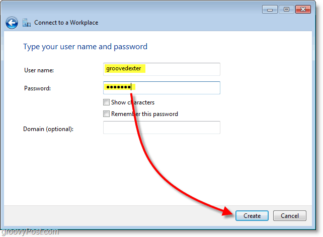 digite seu nome de usuário e senha e crie a conexão no Windows 7