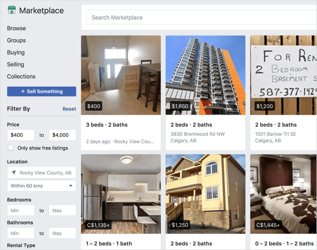 O Facebook Marketplace oferece imóveis para alugar para venda.
