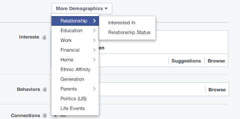 opções demográficas de relacionamento no Facebook