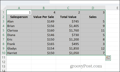 excel células selecionadas