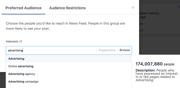 Depois de digitar um interesse, o Facebook irá sugerir tags de interesse adicionais para você.