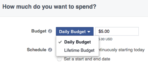 opções de orçamento de anúncios do Facebook