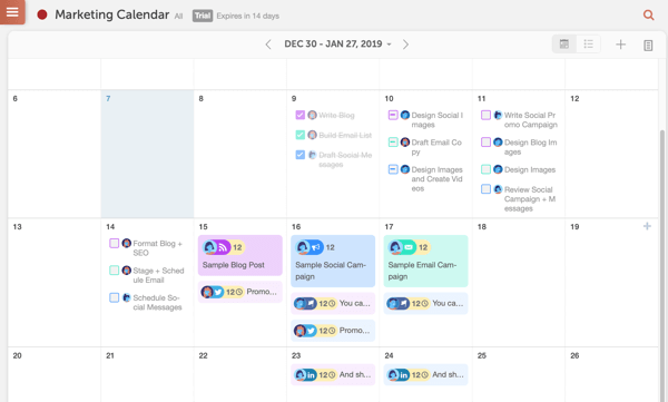 Exemplo de um calendário CoSchedule.