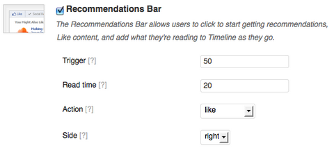 configurações da barra de recomendação