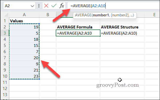 Criando uma fórmula usando MÉDIA no Excel