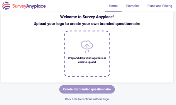 Bem-vindo ao Survey Anyplace e upload de logotipo para um questionário de marca.