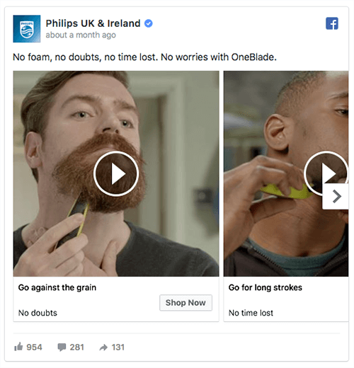 Em um anúncio de carrossel de vídeo, a Philips apresenta vários casos de uso para seu produto.