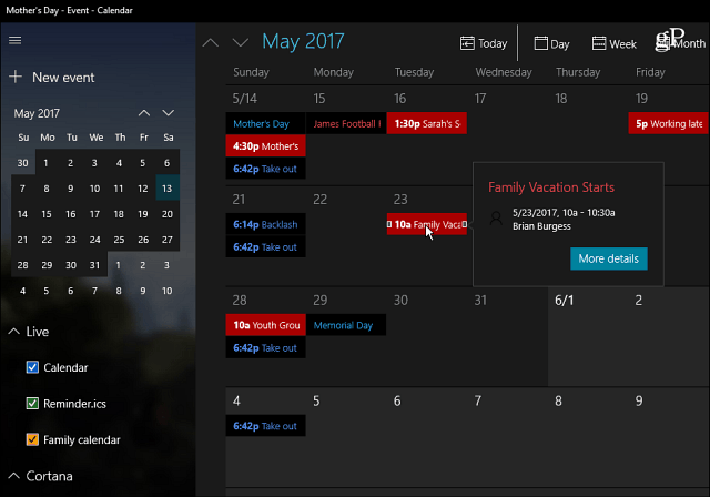 Aplicativo de calendário do Windows 10