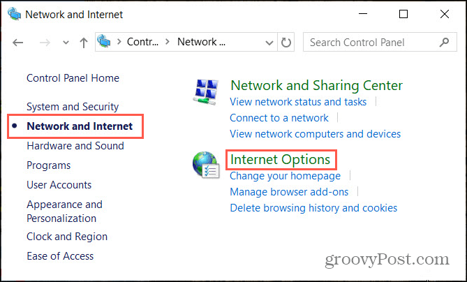 Opções de rede da Internet no painel de controle do Windows