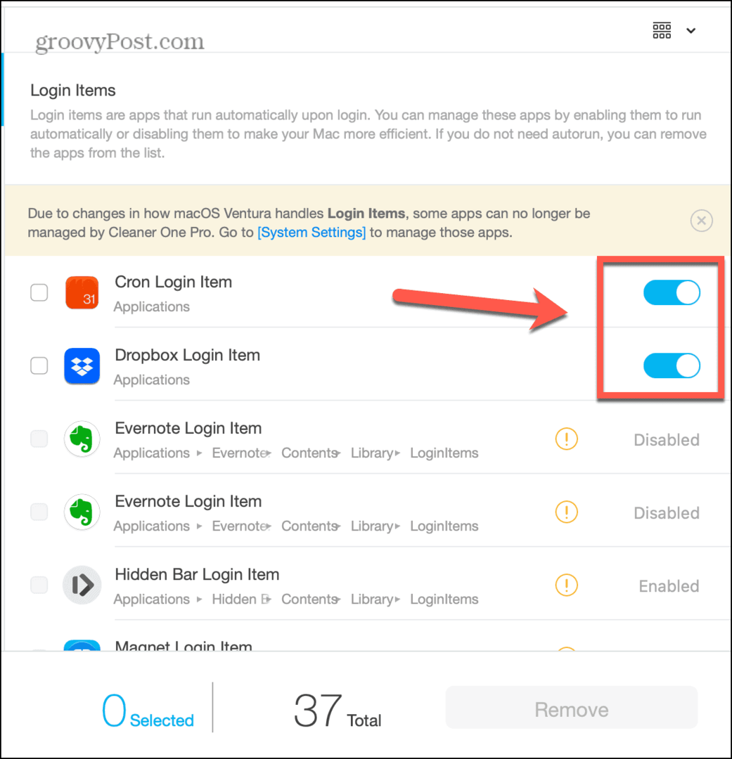 cleaner one pro alternar itens de login