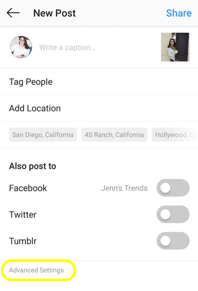 Como adicionar texto alternativo às postagens do Instagram, etapa 1, nova opção de configuração avançada de postagens do Instagram