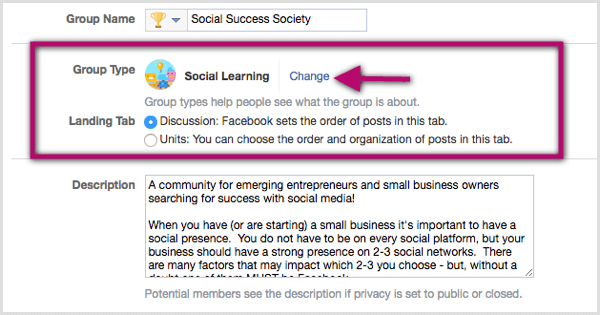Clique no link Alterar próximo à classificação de tipo de grupo existente e selecione Aprendizado Social.