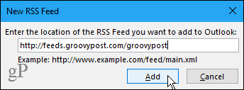 Nova caixa de diálogo Feed RSS no Outlook