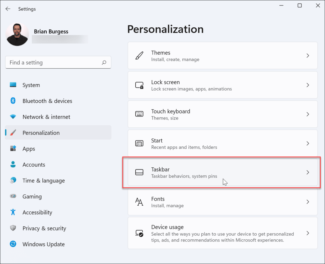barra de tarefas de personalização configurações do Windows 11