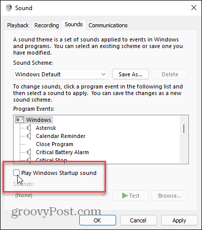 Tocar som de inicialização do Windows Windows 11