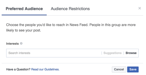 Adicione tags de interesse que reflitam as pessoas que você gostaria de alcançar com sua postagem no Facebook.