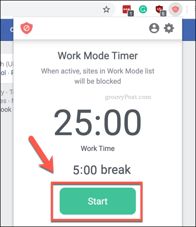 Iniciando o timer do Modo de Trabalho BlockSite