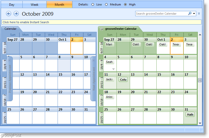Captura de tela lado a lado do calendário do Outlook 2007