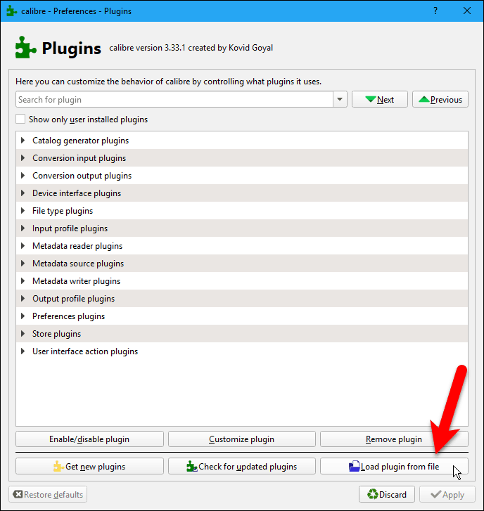 Clique em Carregar plugin do arquivo na caixa de diálogo Plugins no Caliber