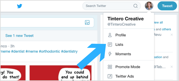Clique no ícone do seu perfil do Twitter e selecione Listas no menu suspenso.