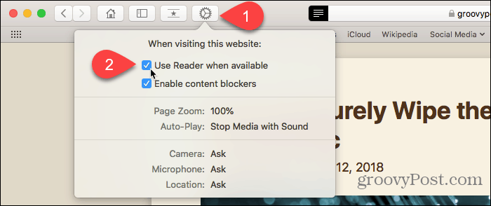 Use o botão Preferências do site no Safari para Mac