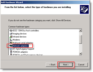 Assistente para adicionar hardware do Windows: adaptador de rede