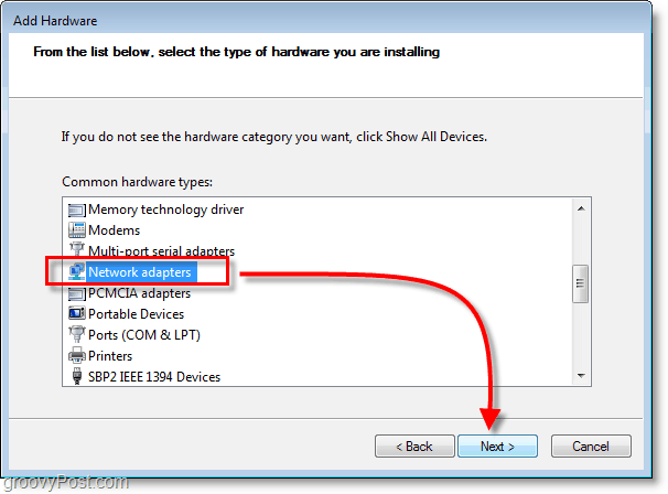 Captura de tela de rede do Windows 7 - selecione adaptadores de rede