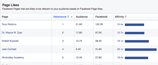 O Audience Insights do Facebook fornece uma lista de páginas que seu público pode gostar com base em seus interesses. 