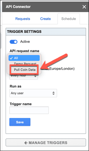 nome da solicitação do conector da API