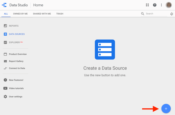 Use o Google Data Studio para analisar seus anúncios do Facebook, etapa 1, opção para criar uma fonte de dados no Google Data Studio