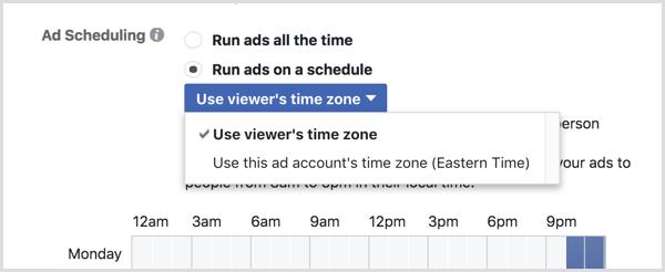 Escolha a opção Usar fuso horário do visualizador para sua campanha do Facebook.