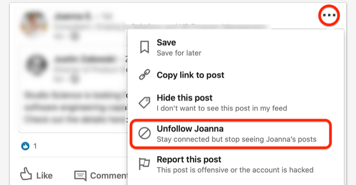 captura de tela do... menu suspenso para uma postagem do LinkedIn com a opção Deixar de seguir circulada em vermelho