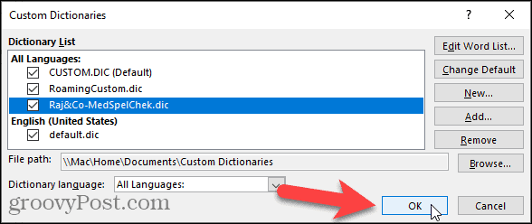 Fechar a caixa de diálogo Dicionários personalizados no Word