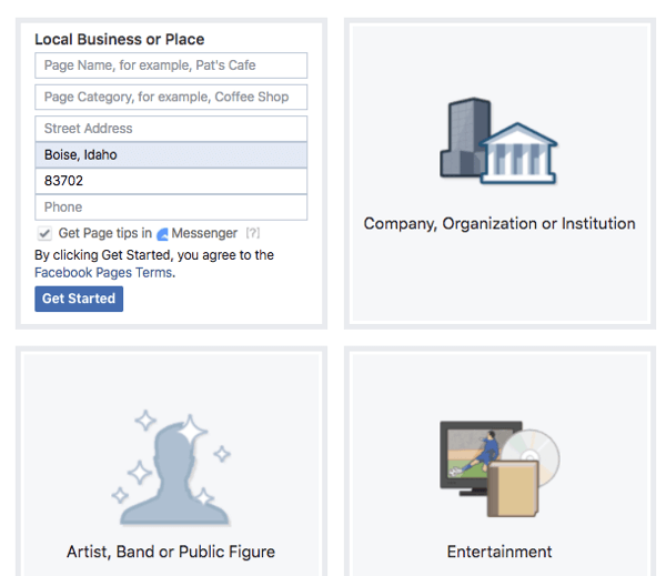 Considere os recursos que cada tipo e categoria oferece para sua página do Facebook.