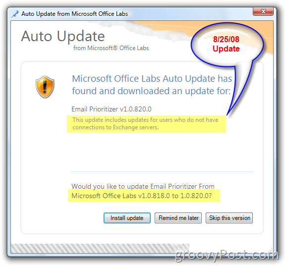 Captura de tela da atualização automática do Microsoft Office Labs:: groovyPost.com