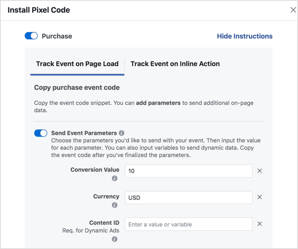 Defina os parâmetros para gerar o código de evento do Facebook de que você precisa.