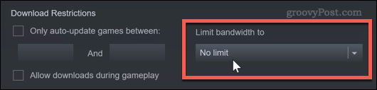 Configurações de limite de largura de banda do Steam