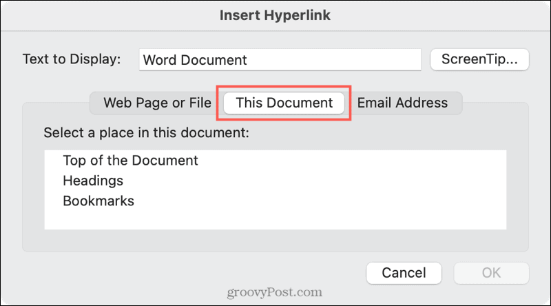 Link para o local de um documento no Word no Mac