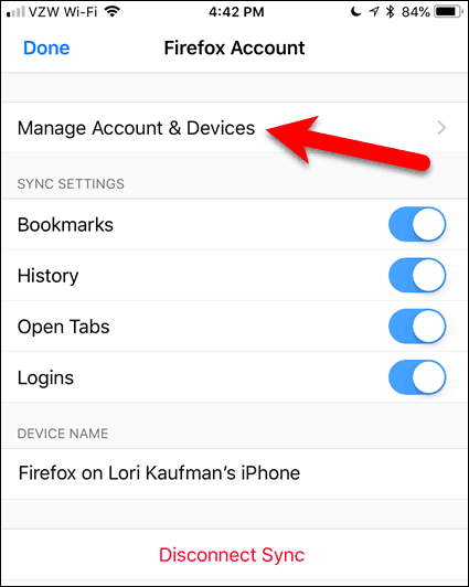 Toque em Gerenciar conta e dispositivos no Firefox para iOS