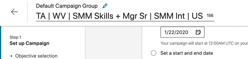 exemplo de nome de campanha publicitária do LinkedIn definido como ta | wv | habilidades smm + mgr sr | smm int | nos