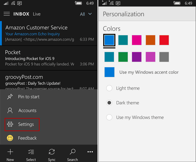 Aplicativo Outlook Mail e Calendário no Windows 10 Mobile ganha tema escuro